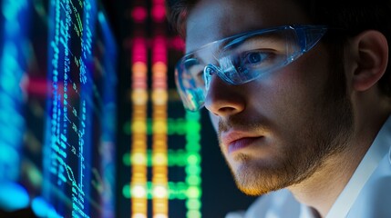 Wall Mural - a genomics technician analyzing dna sequences on a computer screen, focused expression, light solid 