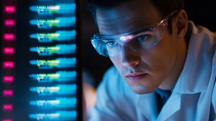Wall Mural - a genomics technician analyzing dna sequences on a computer screen, focused expression, light solid 