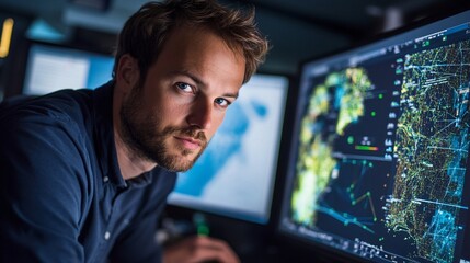 Wall Mural - a geodesist analyzing satellite data on a computer screen, focused expression, light solid color bac