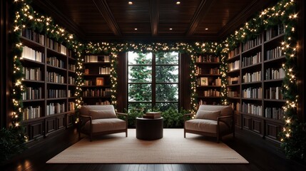 Wall Mural - A cozy room with a fireplace and a Christmas tree. The room is filled with bookshelves and a large window. There are two chairs in the room, one near the window and the other in the middle of the room