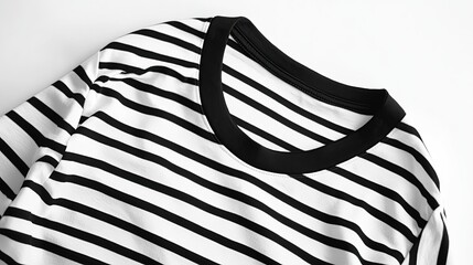 Wall Mural - Close-up of a black and white striped t-shirt with a black collar.