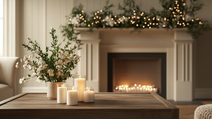 Wall Mural - A cozy living room with a fireplace and a table with candles and flowers. The room has a warm and inviting atmosphere