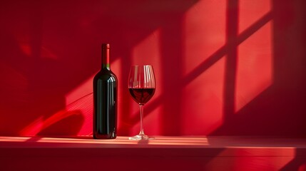 Poster - Bottle and glass of red wine on a red background Copy space : Generative AI