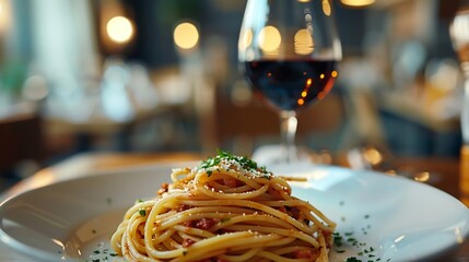 Wall Mural - fresh bronzedrawn spaghetti and a sprinkling of parsley and Cilento oil with a glass of wine in a luxury Italian restaurant : Generative AI