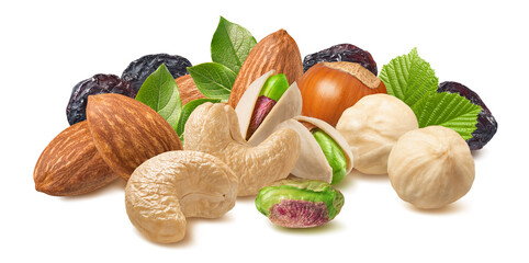 Sticker - Cashew, hazelnut, almonds, pistachio nuts and raisin isolated on white background.