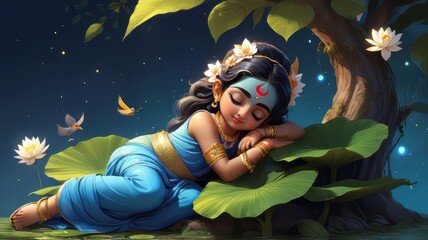 Wall Mural - Illustration of Happy Janmashtami festival of India, Lord Krishna playing flute. Happy Janmashtam background, web banner, poster etc