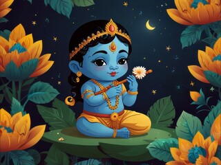 Wall Mural - Illustration of Happy Janmashtami festival of India, Lord Krishna playing flute. Happy Janmashtam background, web banner, poster etc