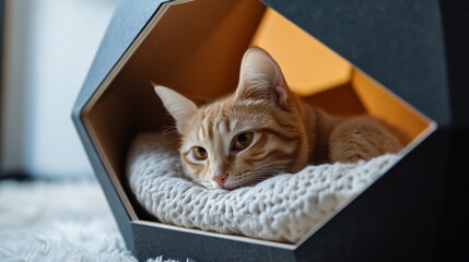 Aufkleber - Detailed shot of a cat house with a unique geometric design, featuring a sleek entrance and soft bedding inside, captured up close.