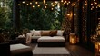 © Dumrongkait - A cozy outdoor living space with a Christmas tree and lights. Scene is warm and inviting
