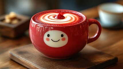 Kawaii-style cup of red velvet latte with a cheerful face in rich red liquid, capturing a delightful and fun mood.