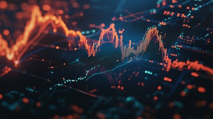 Aufkleber - Detailed shot of a financial graph with fluctuating stock prices, highlighting various data points and trend lines in a professional setting.