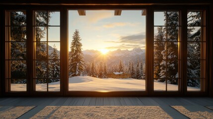 Wall Mural - A window with a view of a snowy mountain and a house. The sun is setting and the sky is orange