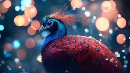 Poster - Detailed shot of a majestic bird with bright feathers, sitting gracefully against a backdrop of glowing, softly diffused lights, adding a dreamy quality to the scene.