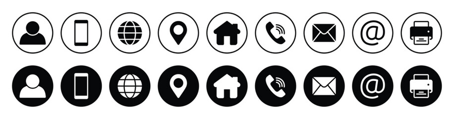 contact us icon set. business card, containing user, phone, website, location, address, telephone, m