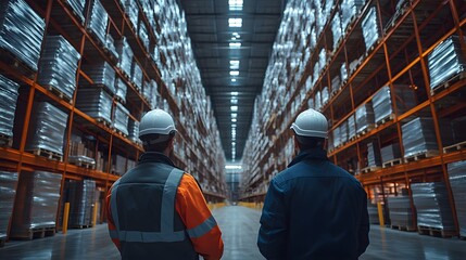 Wall Mural - High-resolution image of engineers and architects conducting a site inspection at a large-scale warehousing location, with detailed background elements.