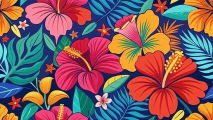  beauty of nature with a colorful hibiscus pattern in a whimsical and playful drawing style, featuring the exotic flowers in bold and striking designs that will add a pop of color to any surface
