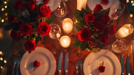Poster - Candlelight dinner setup for couple on Valentines day Decoration flowers decor candles details closeup Romantic date Location for surprise marriage proposal Table setting in restaurant : Generative AI