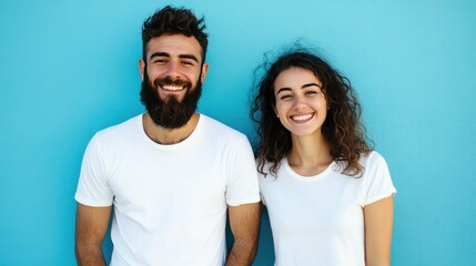 Wall Mural - Happy couple in white t-shirts smiling at the camera against a blue wall.