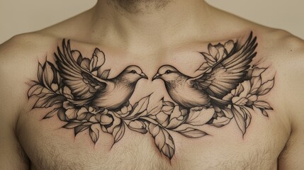 A chest tattoo of a pair of doves in flight, with soft shading and delicate feather details