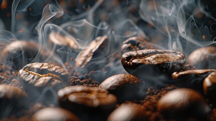 Aufkleber - Roasted coffee beans Seeds of freshly roasted coffee with smoke Coffee beans closeup with emphasis on the grain with smoke : Generative AI
