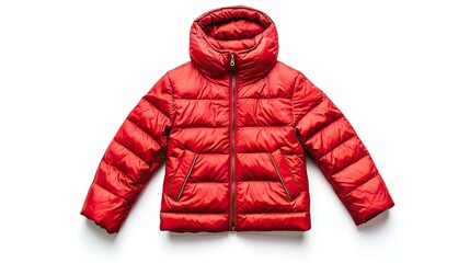 Wall Mural - Red puffer jacket with a zipper and a hood isolated on a white background.