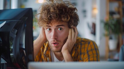 Blonde man in yellow shirt, stressed at computer screen. Wide eyes, open mouth, hands on face.