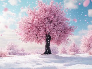 Wall Mural - Pink Tree Snowy Field