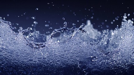 A powerful splash of water is frozen in time, with the droplets forming intricate, wave-like patterns against a deep blue background. The water is crystal clear, with the light passing through and