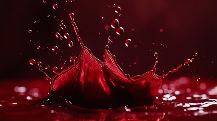 A splash of red juice erupts across the frame, with droplets flying in every direction against a deep red background. The juice forms complex, swirling patterns, with some areas appearing almost