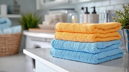 Soft, folded towels neatly arranged in a laundry room with bright, clean surfaces.