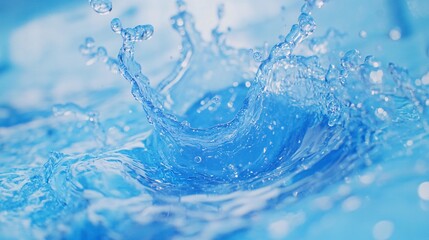 A cool, refreshing splash of blue juice is captured mid-motion, with the liquid twisting and turning in intricate patterns against a light blue background. The juice is rich in color, evoking the