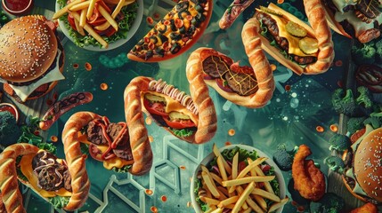 Intertwined DNA strands and different fast food items such as fries and burgers, with the background showing various dishes such as pizza and chicken wings on a dark green background