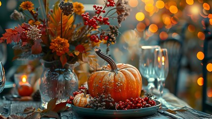 Autumn elegant beautiful table setting with pumpkins for a wedding or thanksgiving celebration Fall decoration rustic style cozy home atmosphere  candles dry flowers : Generative AI