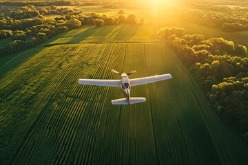 A small plane is flying over an expansive green farm field at sunrise