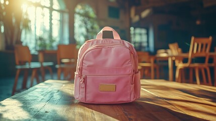 Wall Mural - Pink backpack on a classroom table, glowing under the soft morning sunlight. Concept: Classroom Essentials.