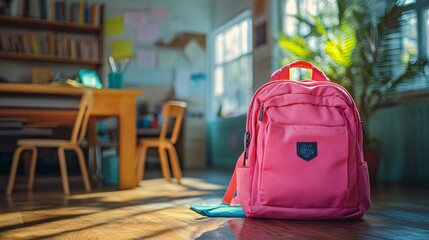 Wall Mural - Vibrant pink backpack on a desk in a sunlit classroom, highlighting a cheerful back-to-school scene.