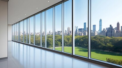 Clear glass windows overlooking a city park, clear glass windows, urban tranquility with green views