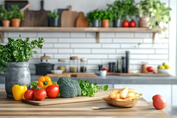 Healthy meal prep with fresh vegetables and fruits, clean and vibrant kitchen setting