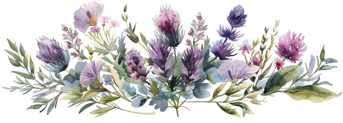  watercolor painting of wildflowers and thistles arranged in a graceful floral border. This vintage-style botanical illustration brings a touch of the countryside into your home