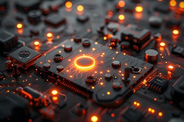 Poster - Intricate Circuit Board with Glowing Orange Highlights