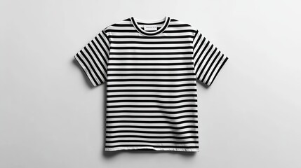 Wall Mural - A black and white striped t-shirt with short sleeves, laid flat on a white background.