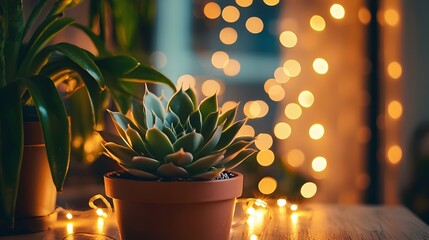 Wall Mural - Glowing Succulent Plant with Fairy Lights in Cozy Dimly Lit Room