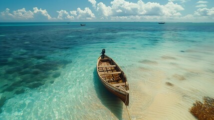 Wall Mural - Aerial view of floating boat in transparent azure water on sunny summer day Mnemba island Zanzibar Top view of yacht sandbank in low tide clear blue sea sand sky with clouds Motorboat  : Generative AI