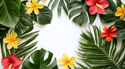 Wall Mural - Lush Tropical Floral Frame with Vibrant Leaves Against White Background for Summer Design