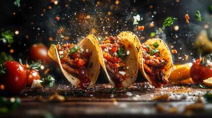 Wall Mural - BBQ TACOS levitating with some spices on a dark background. Latin American cuisine. Taco, tortilla, wrap. Side view. Mexican restaurant menu, recipe. tacos with beef, tomatoes, avocado, chili, onions