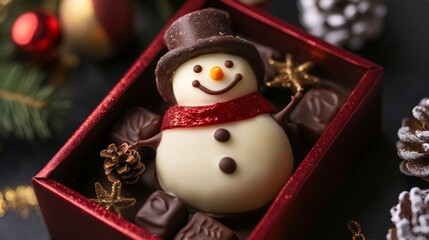 Wall Mural - Christmas chocolate box with snowman-shaped candy surrounded by chocolate truffles