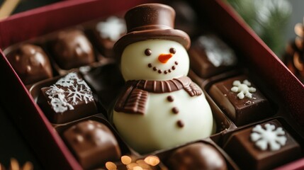 Wall Mural - Christmas chocolate box with snowman-shaped candy surrounded by chocolate truffles