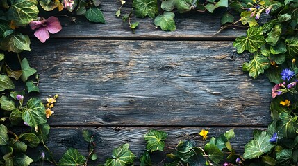 Wall Mural - Rustic Wooden Frame Adorned with Lush Ivy and Vibrant Wildflowers Forming a Natural,Earthy Border