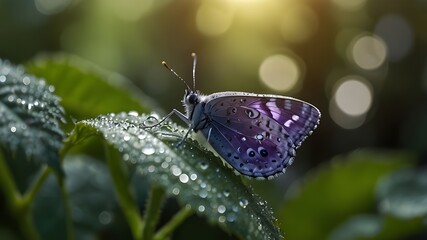 A close-up of a butterfly with royal purple wings resting on a leaf, adorned with dewdrops. The morning sun creates a gentle, sparkling effect on the scene.