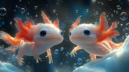 Poster - illustration of two cute colorful baby axolotls